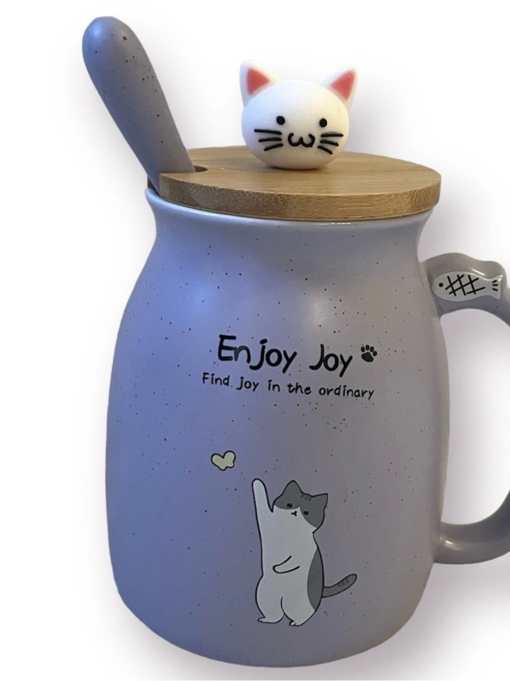 Enjoy Joy Mug With Lid And Spoon Cat Lovers Purple Lavender Coffee Tea Whimsical